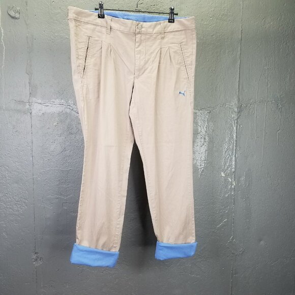 Puma Chino Pants Men's L Beige Pleated Flip Cuff Casual Trouser Stretch Cotton - Picture 3 of 16